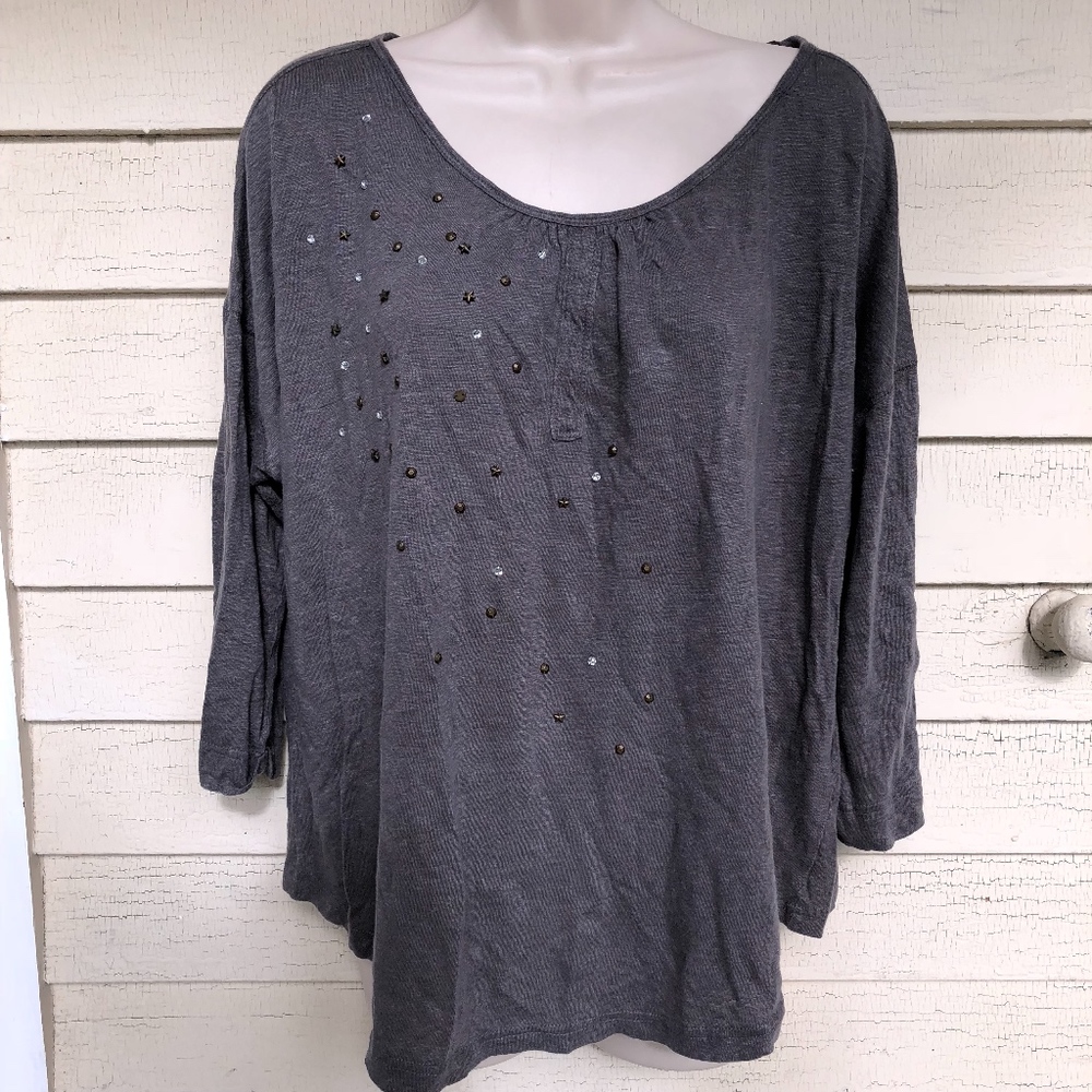 WRAP dk gray linen gray embellished knit top